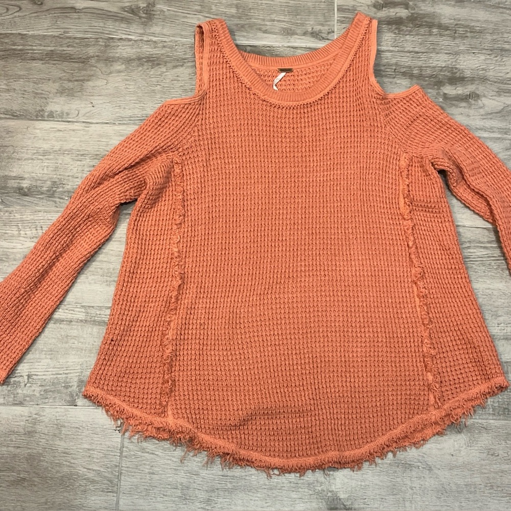 Free People Women Long Sleeve Sweater Waffle Knit Boho Cotton‎ Frayed Hem Sz S